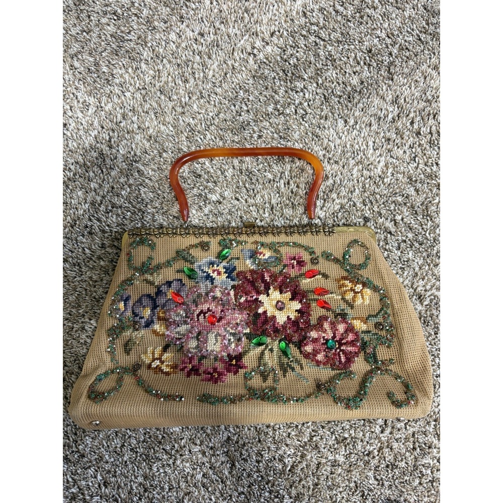 Vintage 1950s Soure' NY Bag Beaded Floral Evening Purse Lucite Handle, Mirror